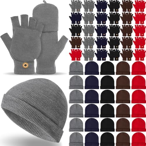 10/30/60 Pcs Winter Beanies and Gloves Warm Knitted Hats Flip Fingerless