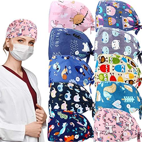 10 Pieces Women Scrub Caps Surgical Nurse Working Hats with Button and