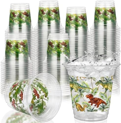 100 Pcs Dinosaur Plastic Cups 12 oz Dinosaur Disposable Drinking Cups