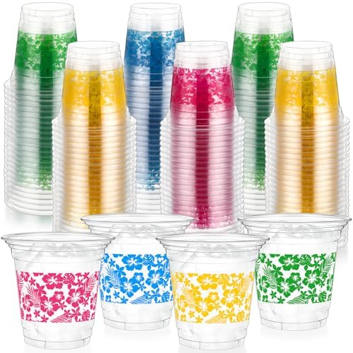 100 Pcs Hawaii Luau Party Cups 12 oz Disposable Plastic Tropical Flower