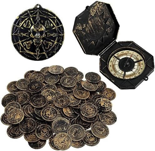 102 Pcs Pirate Treasure Toy Kit with Gold Coins Necklace Compass