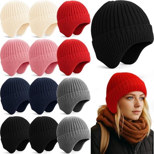 12 Pack Winter Knitted Beanies with Ear Flaps