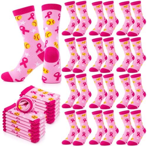 12 Pair Pink Breast Cancer Awareness Crew Socks Bulk Softball