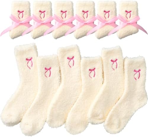 12 Pairs Cute Bow Fuzzy Socks for Women Ribbon Bow White