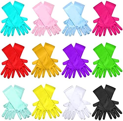 12 Pairs Girls Satin Gloves Princess Costume Multicolor Classic