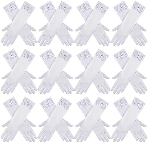 12 Pairs Girls Satin Gloves Princess Costume White Bow