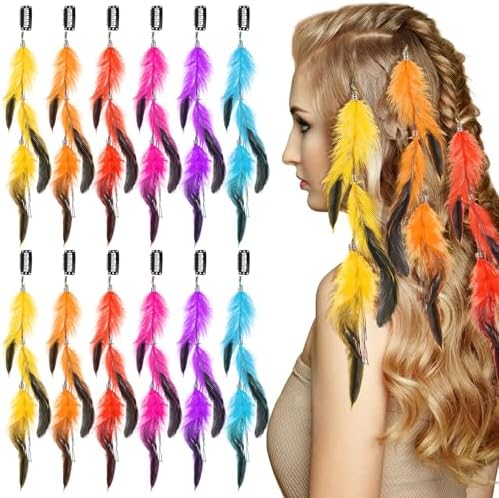 12 Pcs Clip in Hair Feathers with Beads