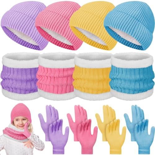 12 Pcs Kids Knitted Winter Hat Gloves Scarf Set for 5-8