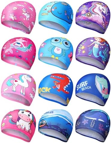 12 Pcs Kids Swim Caps for Boys Girls Age 2-12 Swimming Hat