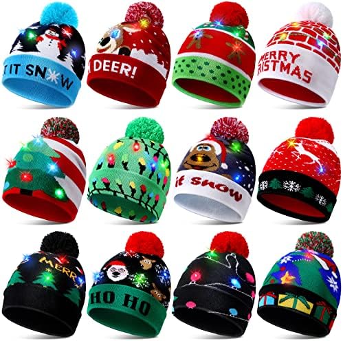 12 Pcs LED Christmas Sweater Hat Winter Beanie Light up Knit Cap