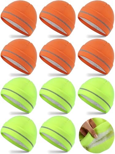 12 Pcs Reflective Knit Hat Winter Safety Beanies Fleece Lined Hi Vis Hat
