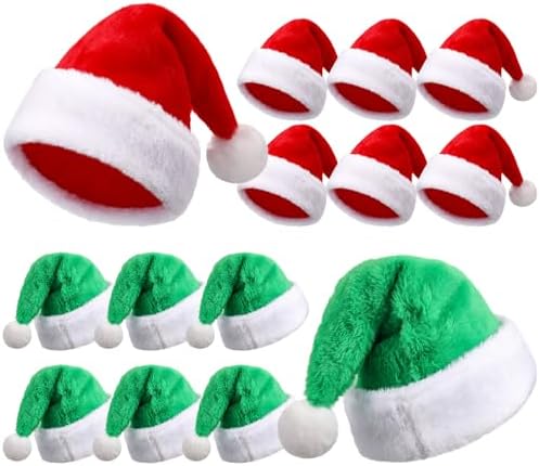 12 Pcs Santa Hat Green and Red Plush Christmas Caps for Adults