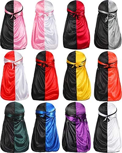 12 Pcs Silky Durag Headwrap for Men Long Pirate Cap