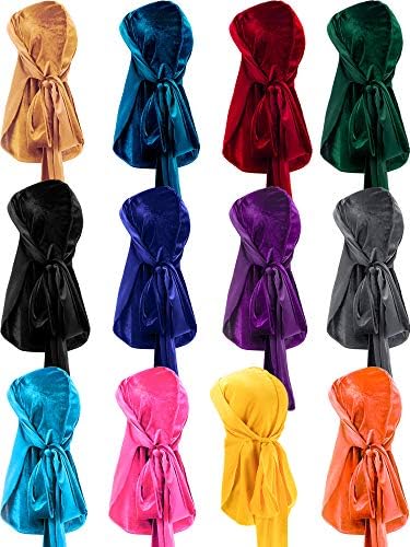 12 Pcs Velvet Durags Wide Strap Long Tail 360 Waves