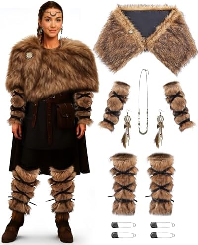 12 Pcs Viking Warrior Costume Set Faux Fur Shawl Arm Leg Warmers