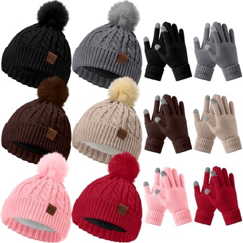 12 Pcs Winter Knitted Beanie Hat and Touchscreen Gloves Set Stylish