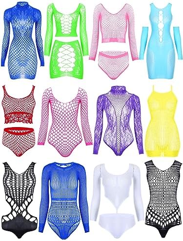 12 Pcs Women's Mesh Bodysuit Lingerie Set Babydoll Lace Smock