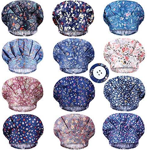 12 Pieces Bouffant Caps for Women Adjustable Nurse Working Hats with