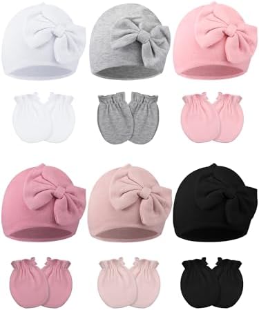 12 Pieces Newborn Hat Mittens Gloves Set 0-12 Months Boys and Girls
