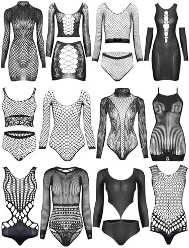 12 Pieces Women's Fishnet Lingerie Mesh Babydoll Bodysuit Lace Smock
