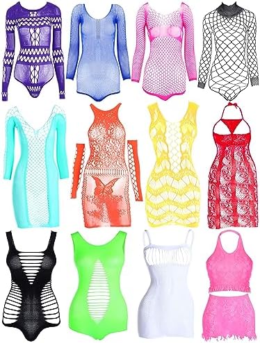 12 Pieces Women's Fishnet Lingerie Mesh Babydoll Bodysuit Lace Smock