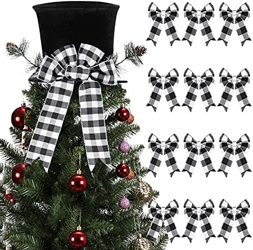 13 Pieces Christmas Tree Topper Hat Buffalo Plaid Toppers Bow Christmas