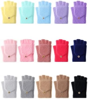 15 Pairs Kids Fingerless Gloves Winter Convertible Flip Gloves Warm