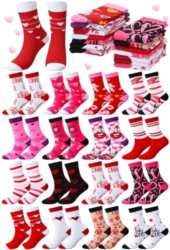 16 Pairs Valentine's Day Socks Bulk for Women Heart Print Crew Red Pink