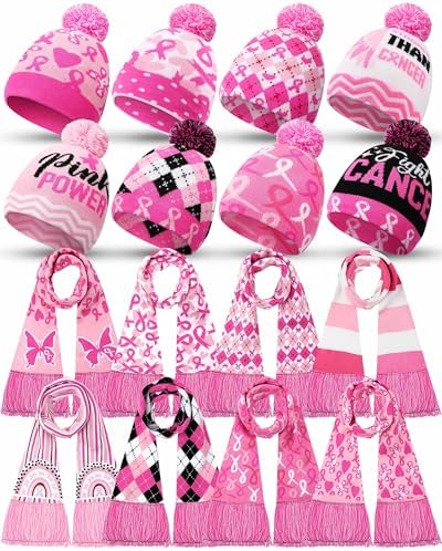 16 Pcs Breast Cancer Awareness Knitted Beanie and Scarf Set