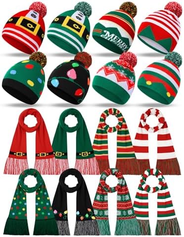 16 Pcs Christmas Knitted Beanie and Scarf Set