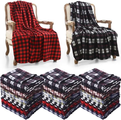 18 Pack Fleece Blankets Bulk 60 x 50 Inches Plaid Throw Blankets Bulk
