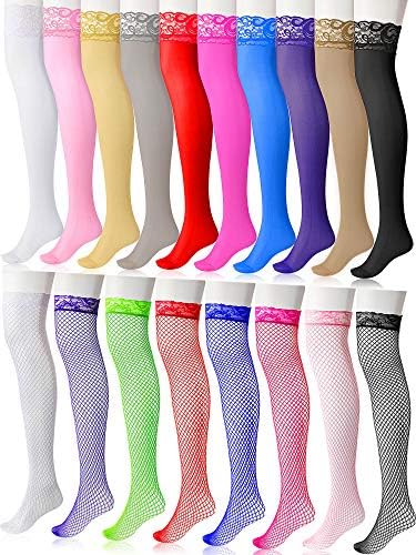 18 Pairs Fishnet Thigh High Stockings Sheer Lace Top Silicone Silky