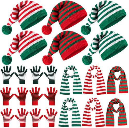 18 Pcs Christmas Winter Knitted Hat Scarf Gloves Set