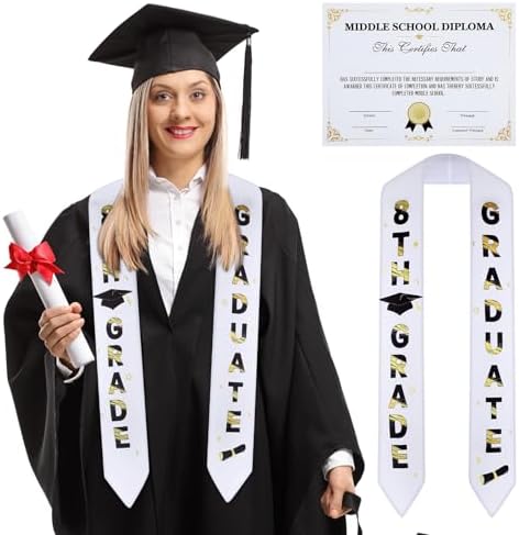 2 Pack 8th Grade Graduation Stole Sash and Middle School Diploma