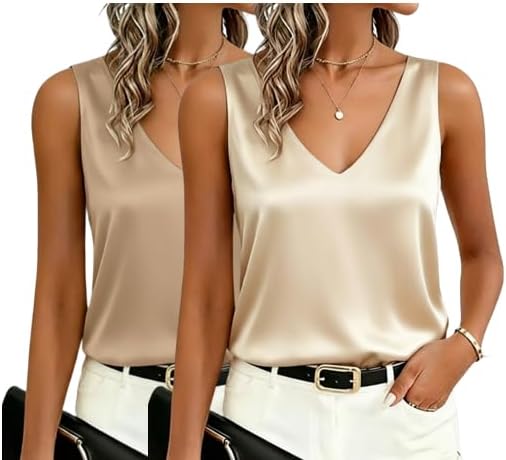2 Pack Womens Silk Satin Tank Tops V Neck Blouses Sleeveless Casual Tank