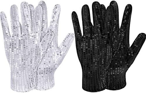 2 Pairs Black Silver Sequin Gloves for Women Men