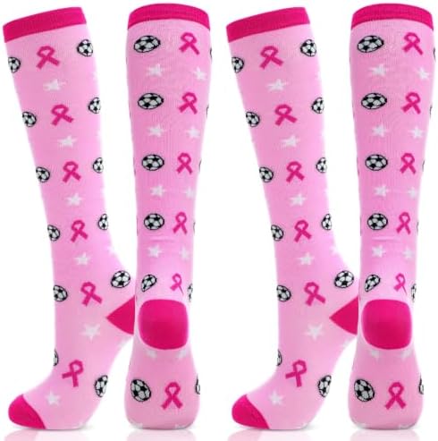 2 Pairs Breast Cancer Awareness Socks Pink Ribbon Knee High Crew Socks