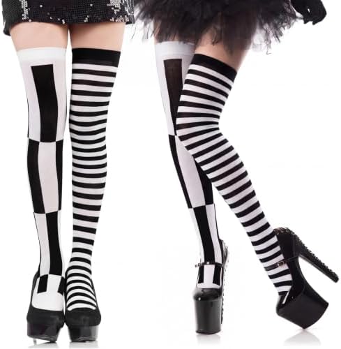 2 Pairs Striped Thigh High Stockings White Black Women Halloween
