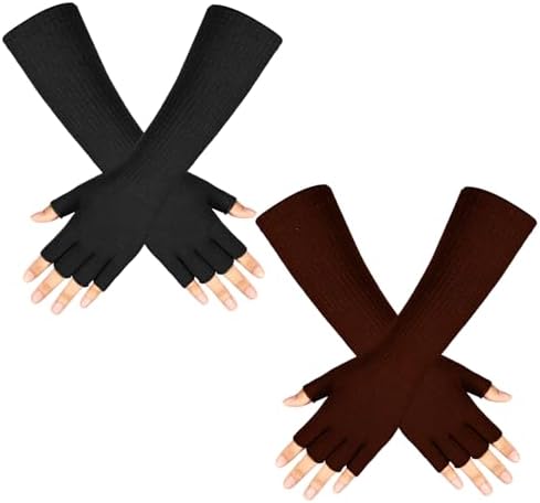 2 Pairs Winter Fingerless Gloves Long Thermal Knitted Mittens Stretchy