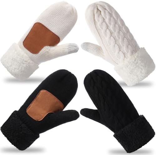 2 Pairs Winter Knitted Mittens Warm Thick Gloves Balck and White