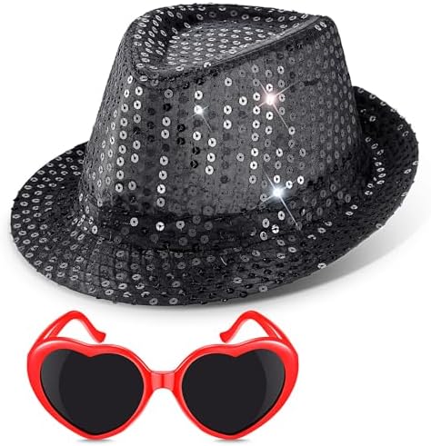 2 Pcs Black Sequin Fedora Hat Heart Sunglasses Halloween Costume