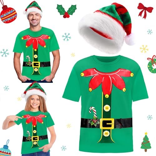 2 Pcs Christmas Elf Shirts with Hat for Adult Costume