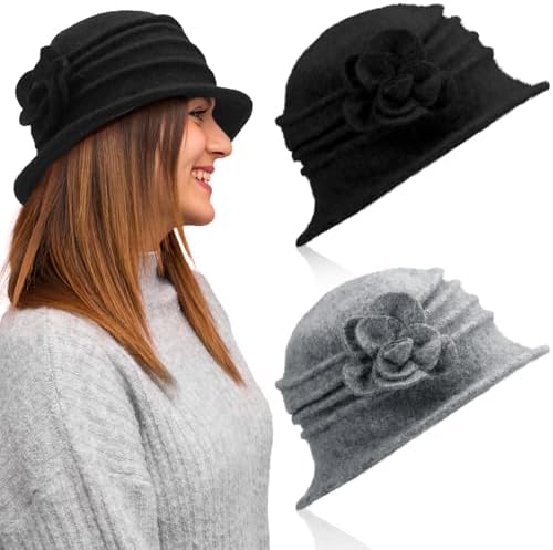 2 Pcs Cloche Hats for Women Black Gray Winter Fleece Lined