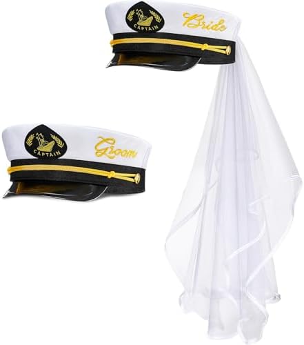 2 Pcs Groom Bride Captain Hat with Veil