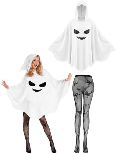 2 Pcs Halloween Ghost Costume Set Spooky Hooded Poncho with Stocking