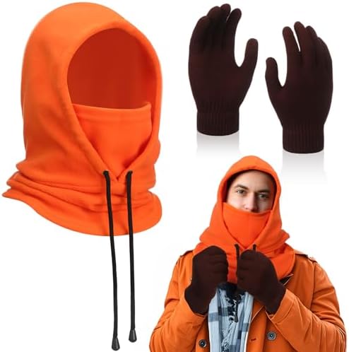 2 Pcs Halloween Orange Hoodie Balaclava Costume with Knitted Gloves