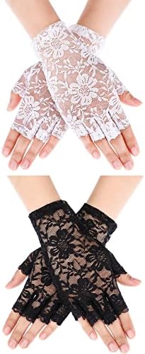 2 Pcs Halloween Women Short Lace Fingerless Gloves