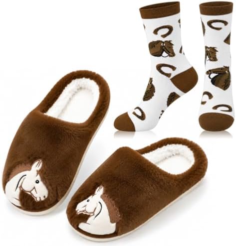2 Pcs Horse Slippers & Sock Gift Set for Women Horse Lover