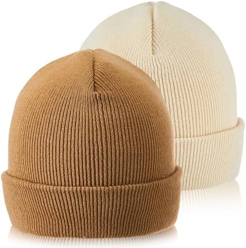 2 Pcs Unisex Knit Cuffed Beanie Hats for Men Women Winter Knit Beanies