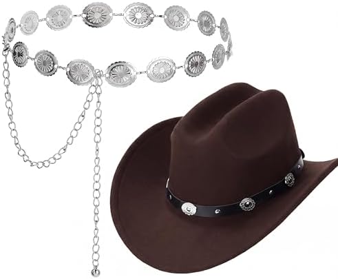 2 Pcs Western Cowboy Outfit Include Cowboy Hat Belt Boho Western Metal
